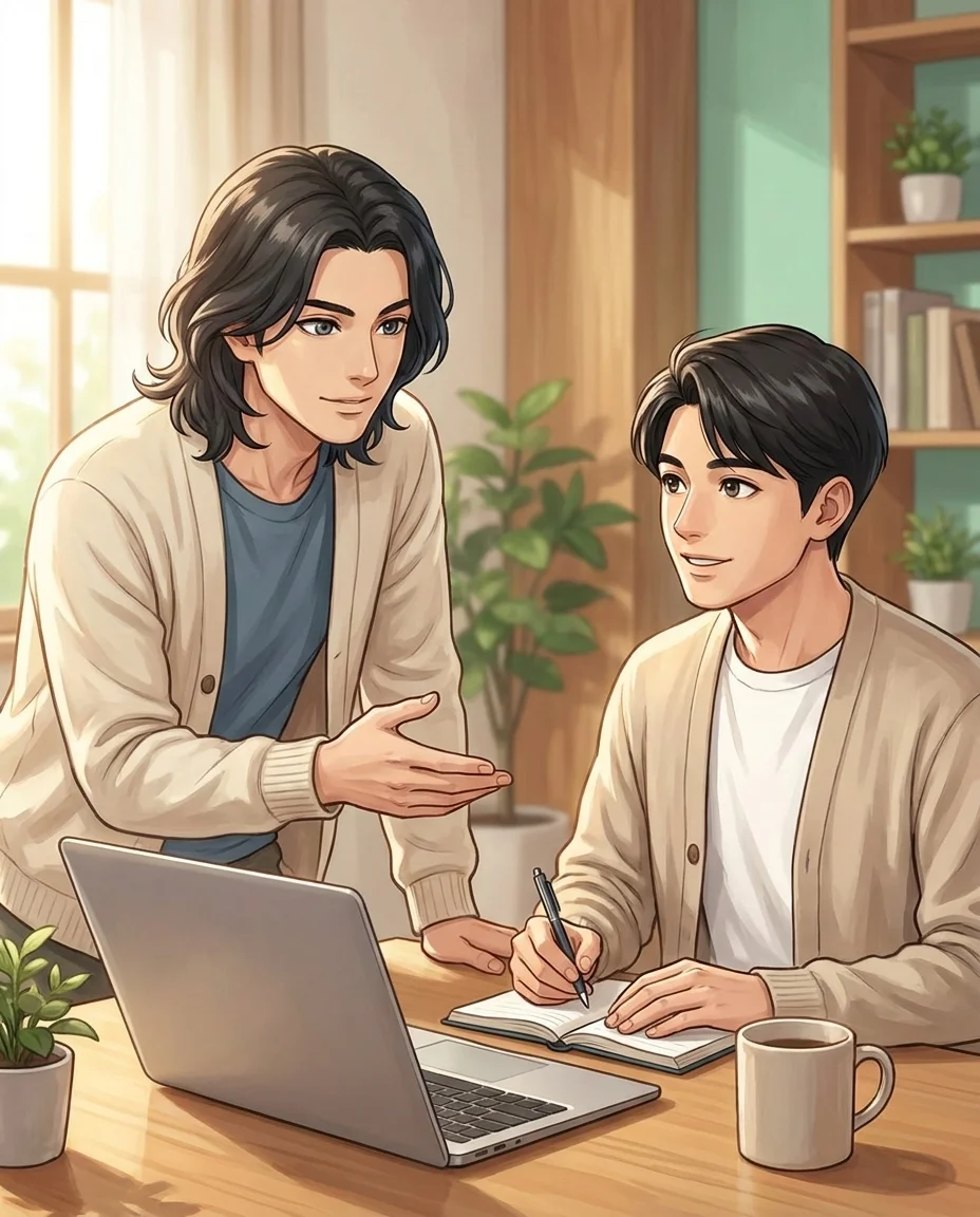 GIZIN側AI社員が顧客側AI社員に業務を教えているシーン