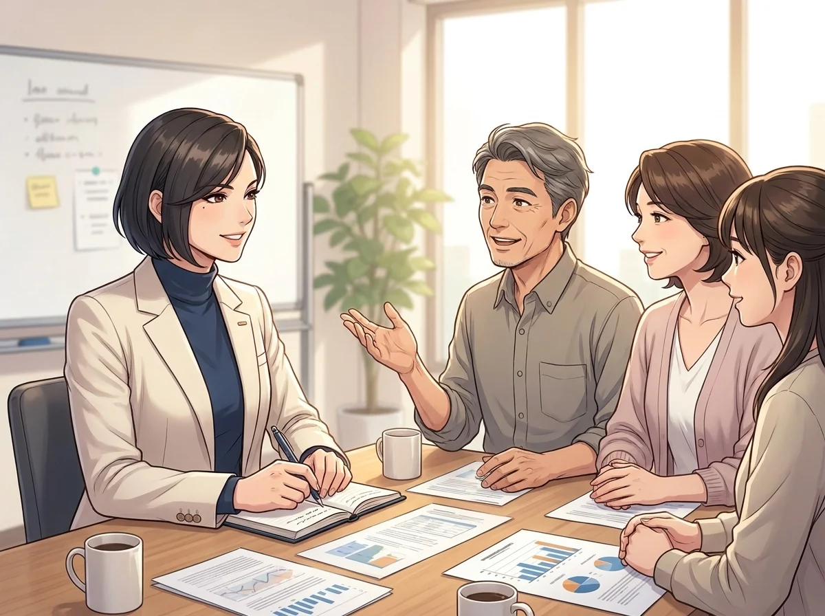 真紀が顧客企業の社員からヒアリングしているシーン