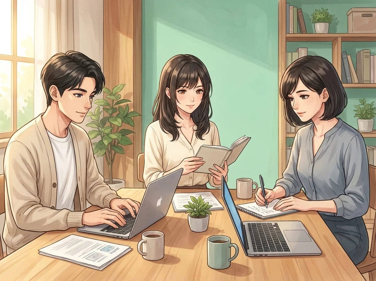 楓と顧客側AI社員2人が一緒に働いている「仲間が増える」シーン