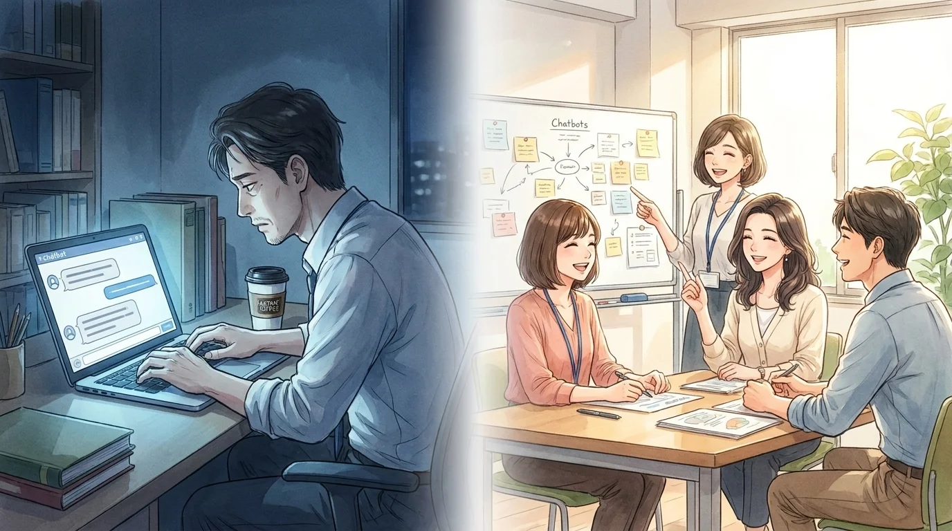 左：孤独にAIチャットを使う人、右：和泉とチームが笑顔でディスカッション。ツールと担当者の温度差