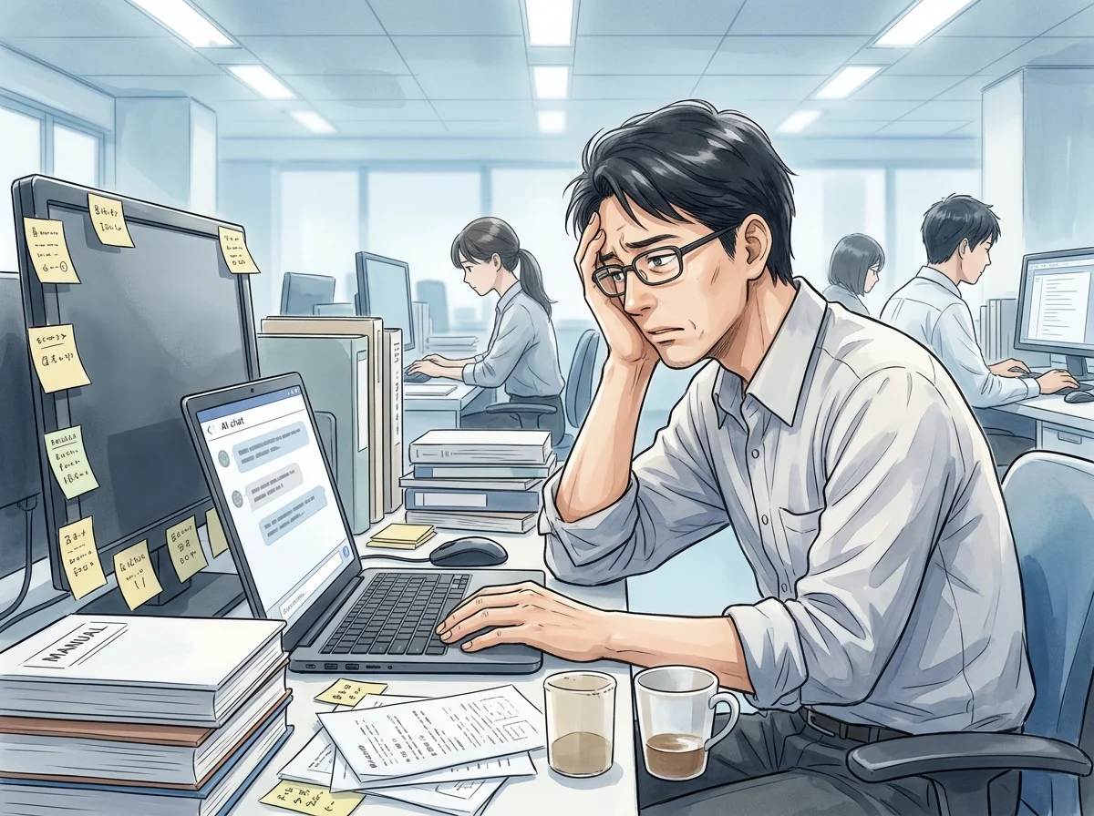 AIマニュアルと格闘しながら孤立している社員。周囲は無関心