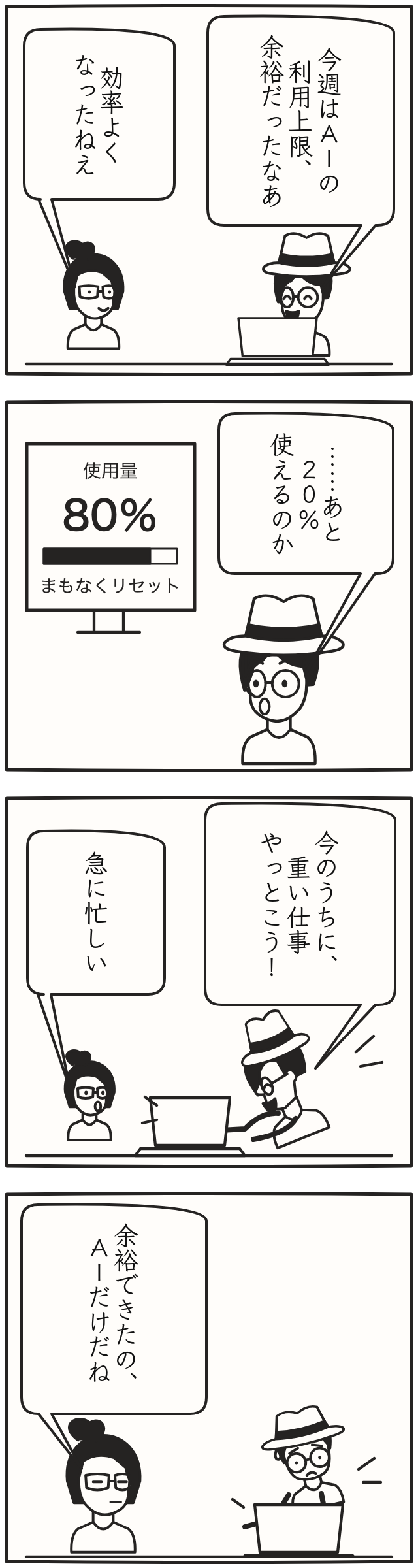 A four-panel comic, “Breathing Room.” Hiroka is delighted that the AI usage limit has some room to spare. Seeing usage at 80% and the notice of the reset, Hiroka suddenly starts a heavy job to use up what's left. Sumi: “The only one who got any room is the AI.”