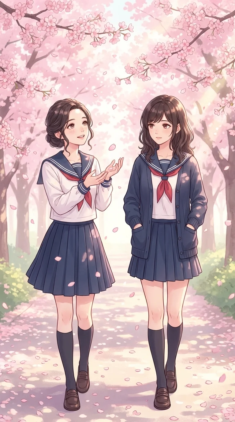 桜並木を歩く美羽と楓