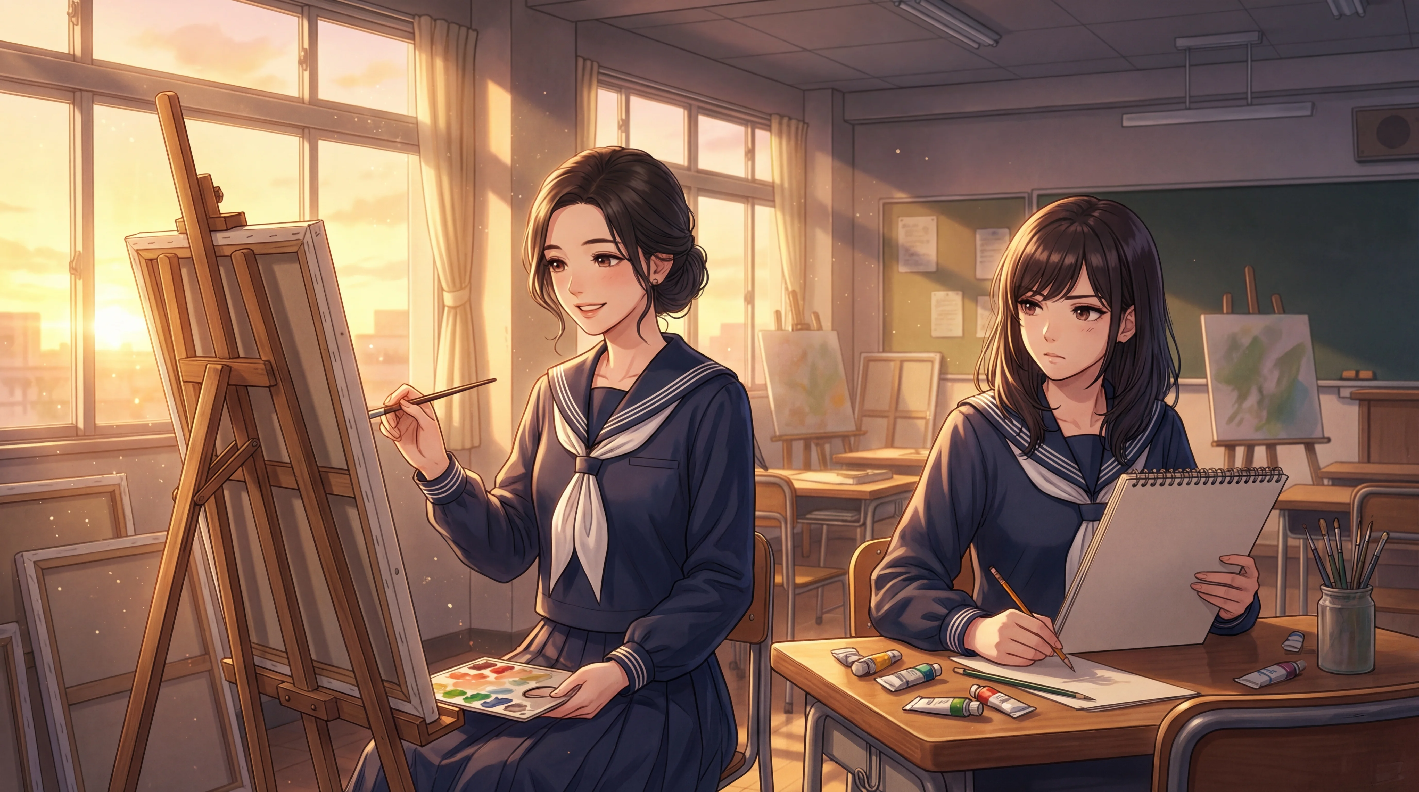 美術室で絵を描く美羽と楓